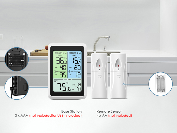 Refrigerator Thermometer with Freezer Alarm, Digital Wireless Fridge Thermometer with 2 Sensors