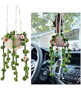 Kewucn Boho Car Plants Crochet Rear View Mirror Accessories, Cute Auto Pendant Crochet Plants Han...