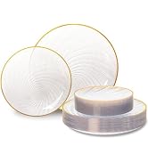N9R 60PCS Clear Plastic Plates for Party, Heavy Duty Disposable Plate with Gold Rim, Elegant Spir...