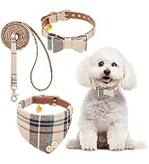 BINGPET Bow Tie Dog Collar with Leash Set - Cute Adjustable Classic Plaid Dog Bandana Collar with...