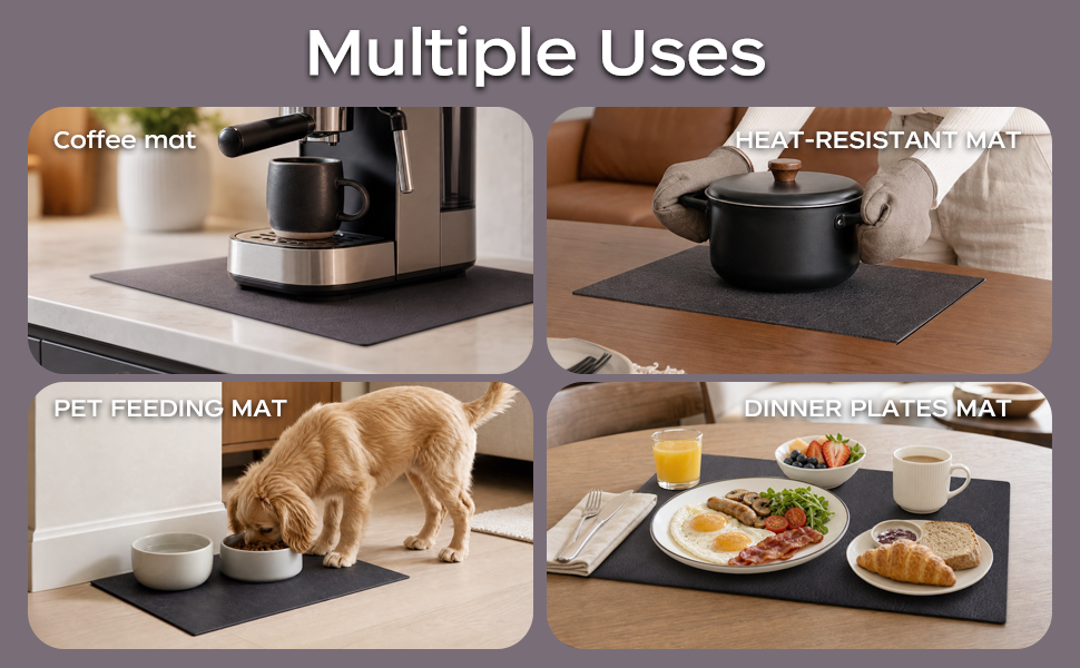 Black multipurpose mat used for coffee machines, hot pots, pet bowls, and dinner plates.