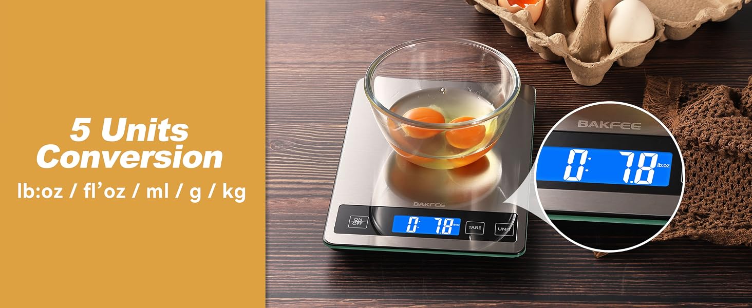 BAKFEE Food Scale, 33lb Digital Kitchen Scale with Stainless Steel & Tempered Glass