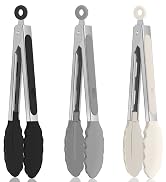 EEKEDO Small Cooking Tongs 7 inch Mini Serving Tongs with Silicone Tips, Set of 3 (Black + Grey +...