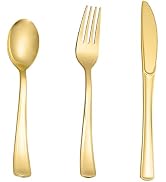 N9R 200PCS Gold Plastic Silverware Set, Heavy Duty Spoons and Forks Silver Plastic Cutlery Includ...