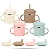 Stainless Steel Baby Sippy Cups, 7.4 Oz Spill Proof Toddler Straw Cups, 3 Stages Training Cup for...