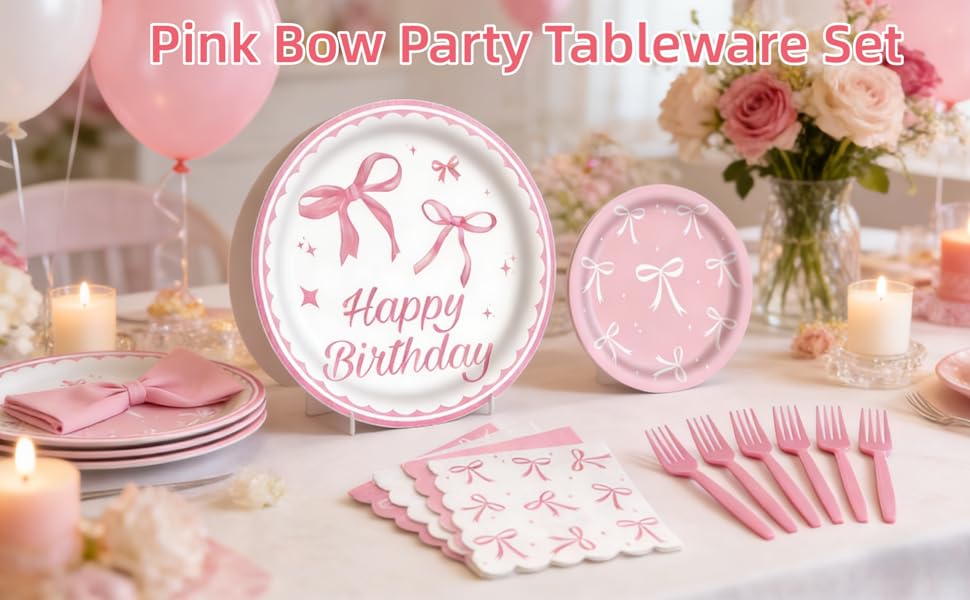 80PCS Pink Bow Party Tableware Set