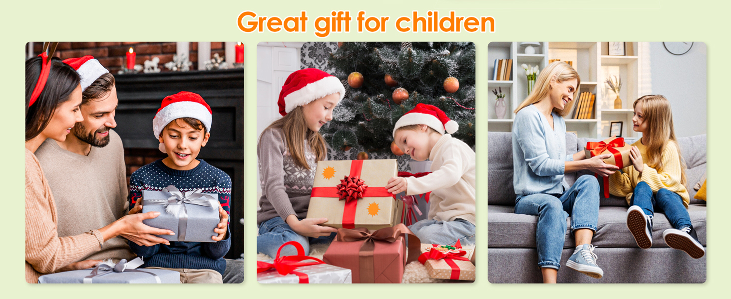Text reads: 'Great gift for children'. Collage of holiday scenes showing people opening presents and celebrating, wearing Santa hats.