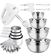 WEPSEN Hand Mixer Electric Mixing Bowls Set, 5 Speeds Handheld Mixer with 4 Nesting Stainless Ste...