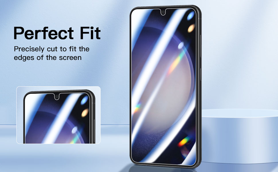 Smartphone screen protector advertisement showing 'Perfect Fit' text and two identical phones with glossy screens.
