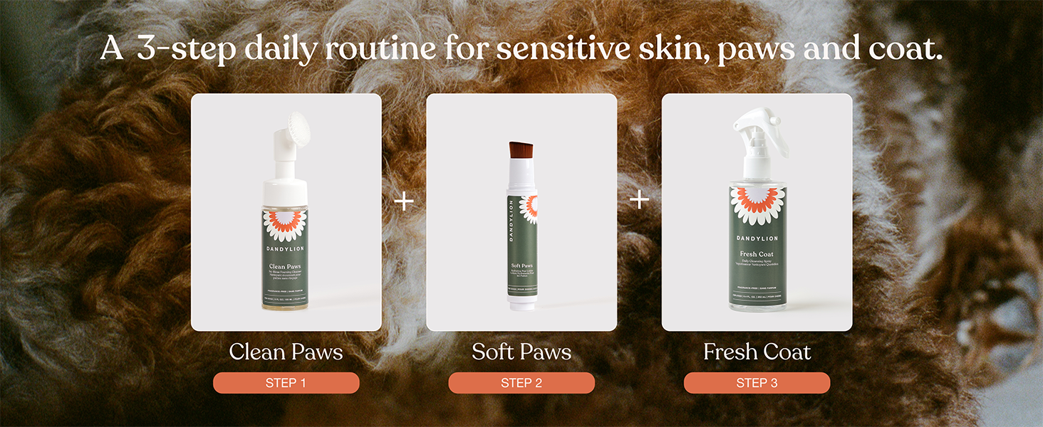 3 step daily routine for sensitive skin, paws, and coat