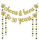 Cheers & Beers to 50 Years Gold Glitter Banner - 50th Birthday Decorations for Him/Her - 50th Bir...