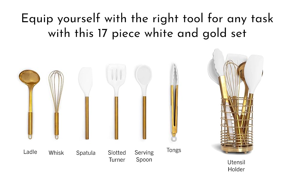 White and Gold Silicone Utensils, Ladle, Spatula, Tongs, Whisk, Slotted Turner, Serving Spoon