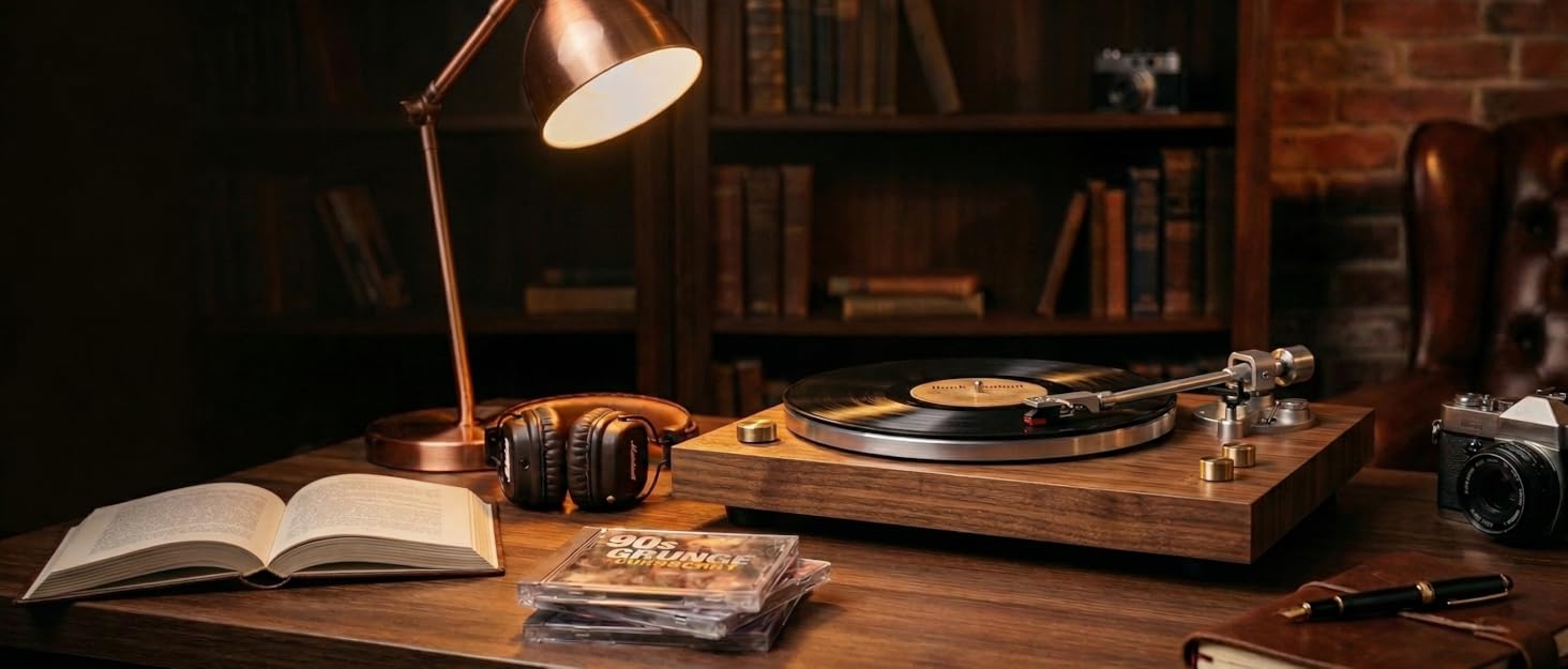 Premium retro turntable and physical media setup representing classic tactile audio equipment.