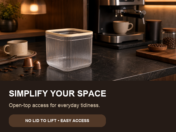 Clear open-top mini trash can at a warm home coffee station
