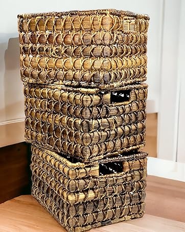 Basket Storage Pantry Bookshelf Natural Handwoven Fiber Set of 3 Handles Kitchen Shelf Office Book