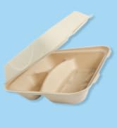 World Centric Compostable Clamshell Containers 9x9x3'', 3-Compartment - Grease and Moisture Resis...