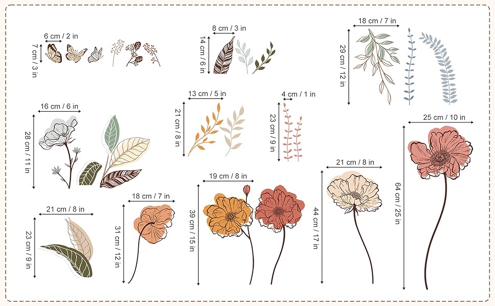 Botanical illustration chart showing various plants and flowers with measurements. Includes delicate sketches of leaves, stems, and blossoms in earthy colors.