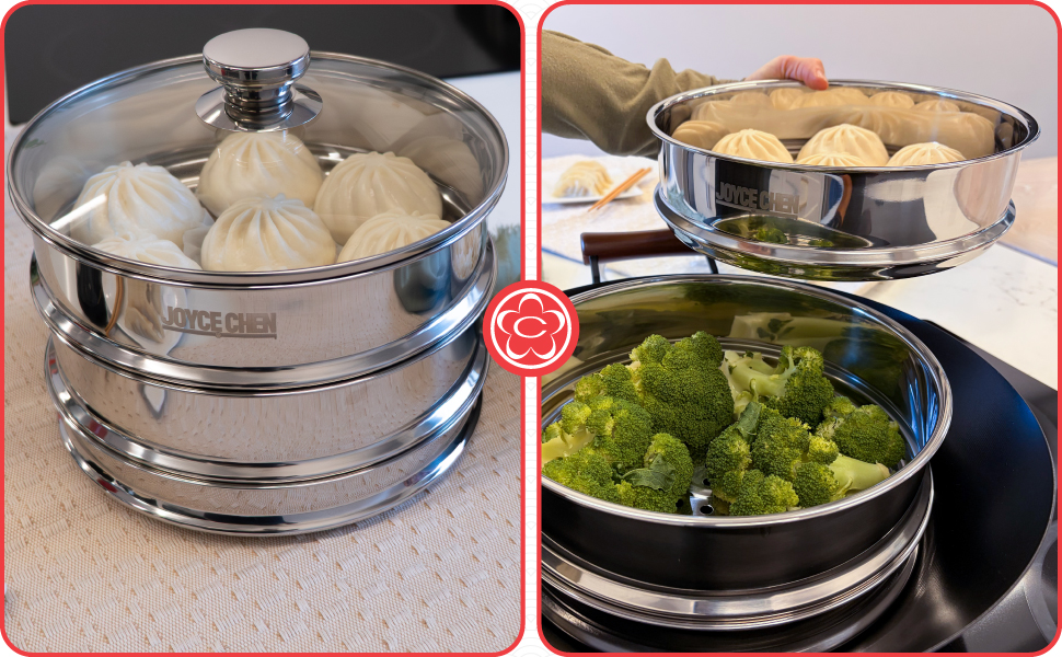 steamer with dumplings and broccoli on stove