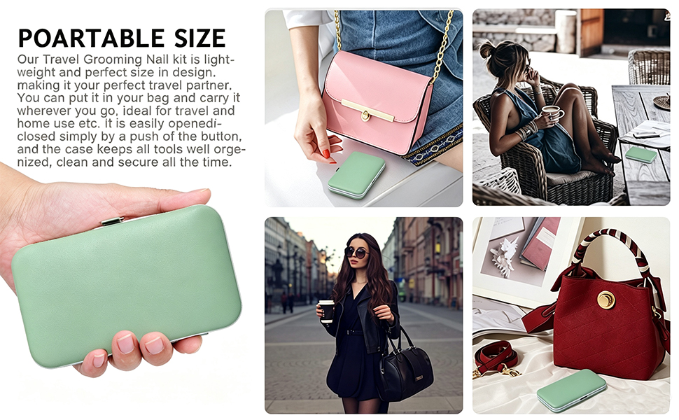 Text reads 'POARTABLE SIZE'. Composite showing pink fabric pouch held in palm, worn across body, and styled with outfits, demonstrating compact portable handbag design and usage.