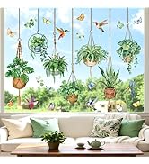 decalmile Spring Hanging Potted Plant Double Sided Window Clings Botanical Cactus Green Leaves An...
