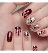 Red Blood Drip Goth Press On Nails Medium Square False Nails Silver Glitter Skull Spider Web Horr...