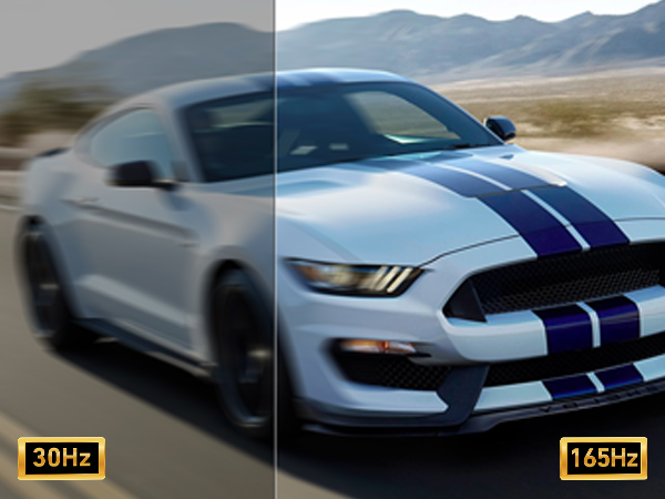 Sports car with white body and blue racing stripes, split-screen comparison showing image quality at 30Hz vs 165Hz refresh rates. Car shown driving in desert landscape.