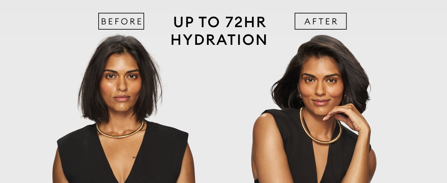 Before-and-after shot of woman's hair going from damaged and frizzy to moisturized and soft.