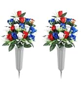 U'Artlines 2Pcs Artificial Cemetery Flowers for Grave Silk Memorial Rose Flowers Outdoor Grave Fl...