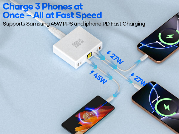 Text reads 'Charge 3 Phones at Once - All at Fast Speed'. Multiple smartphones shown charging simultaneously on a wireless charging pad.