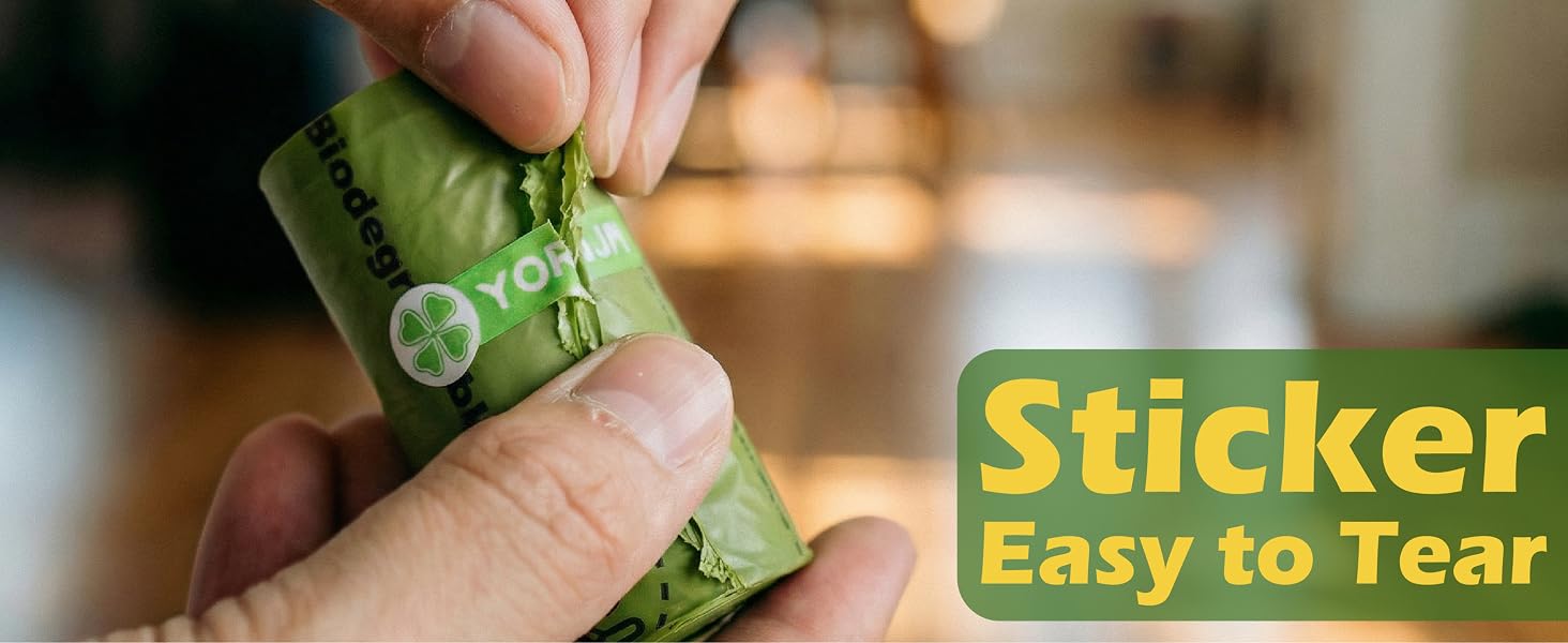 Text reads: 'Sticker Easy to Tear'. Hands demonstrating peeling action of a green-colored sticker or label product.