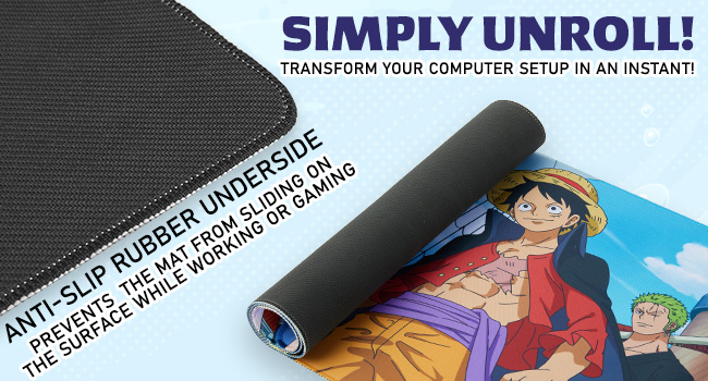 Text reads 'SIMPLY UNROLL! TRANSFORM YOUR COMPUTER SETUP IN AN INSTANT!' Marketing banner featuring animated characters and text against blue background.
