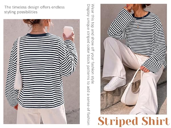 Striped Long Sleeve Shirt Women Oversized Crewneck Fall Y2k Tops 2026