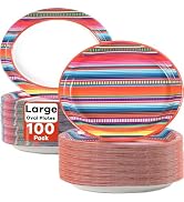 100 PCS Mexican Serape Fiesta Oval Paper Plates 11" Large Disposable Colorful Stripes Mexico Plat...
