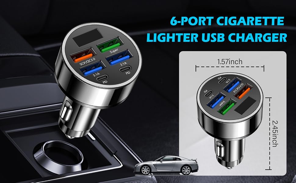 CHARGE SMARTER, JOURNEY FURTHER, 6-PORT CIGARETTE LIGHTER USB CHARGER