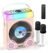 Portable Bluetooth CD Player with Dual Karaoke Microphones & LED Lights, 4000mAh Rechargeable CD ...