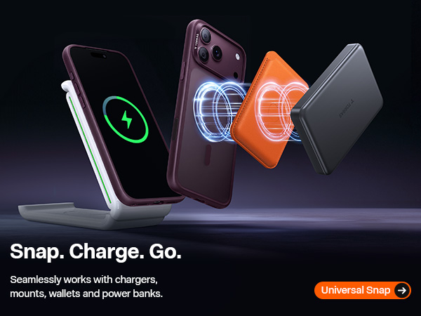 Text reads 'Snap. Charge. Go.' and 'Seamlessly works with chargers, phones, tablets and power banks.' Dark smartphone displayed with orange and white magnetic charging attachments shown separately.