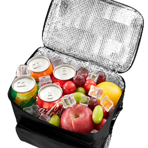 Open insulated cooler bag containing assorted beverages, fruits, and snacks. Silver lining visible, with cans, bottles, and fresh produce packed inside.