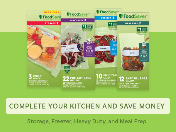 Three types of FoodSaver pre-cut bags and rolls