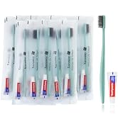 Xuezoioy Disposable Toothbrushes with Toothpaste,100 Pack Green Individually Wrapped Disposable T...