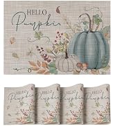 Artoid Mode Blue Hello Pumpkin Leaves Fall Vinyl Placemats Set of 4, Washable Woven Non-Slip Plas...