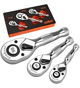 HORUSDY 3 Piece 90T Stubby Ratchet Handle Set, 1/4" 3/8" 1/2" Drive Mini Socket Wrench, Compact R...
