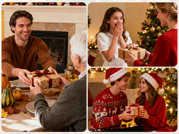 Series of warm-toned holiday scenes with Christmas tree and decorations in background, showing gift-giving moments and celebrations.