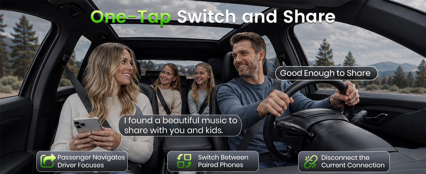 Wireless CarPlay adapter lets passengers share music while the driver stays focused.