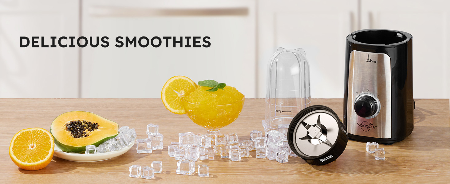 Sangcon blender cup for smoothies with fruit, ice, and cross blade assembly