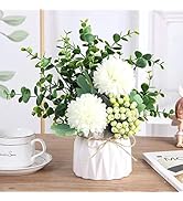 LADADA Artificial Flower Hydrangea and Small CeramicVase Fake Plant Eucalyptus Leaf Berry Flower ...