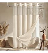 BTTN Ringless Boho Shower Curtain with Snap in Liner, Vintage Linen Fabric Waterproof Bathroom Sh...