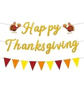 ANFEST Gold Glitter Happy Thanksgiving Banner with Turkey Themed,Pre-Strung Festive Decor for Har...