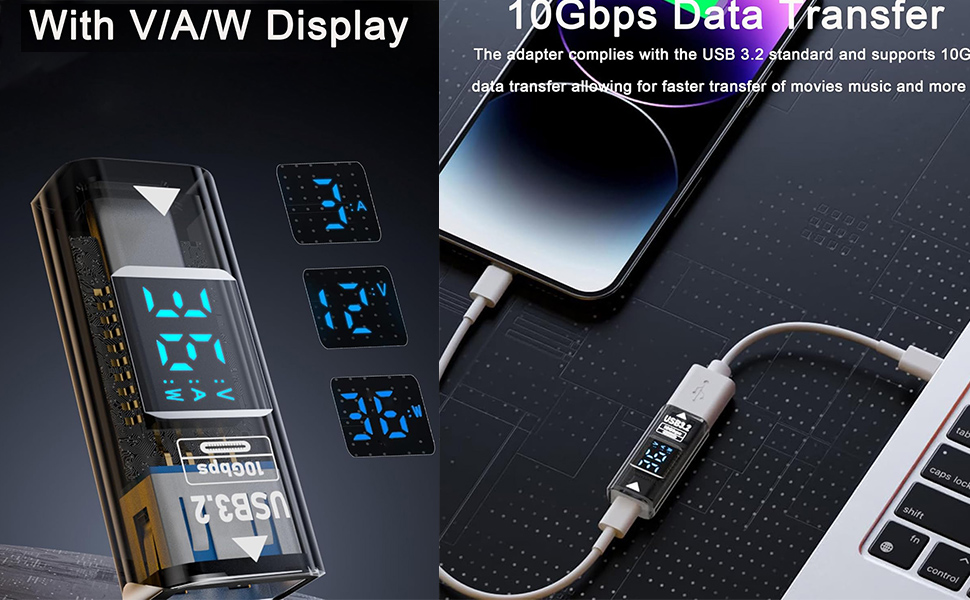 USB C to USB A Adapter with LED Digital Display