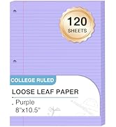 Purple Loose Leaf Paper 8 x 10.5, 120 Sheets Lined Paper College Ruled Paper, 3 Hole Punched Note...