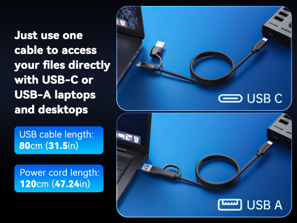 Text reads "Just use one cable to access your files directly with USB-C or USB-A laptops and desktops", "USB cable length: 40cm (31.8in)", "Power cord length: 100cm (47.24in)", "USB C", "USB A". Blue background displaying USB cable with dual connectors and specification measurements.
